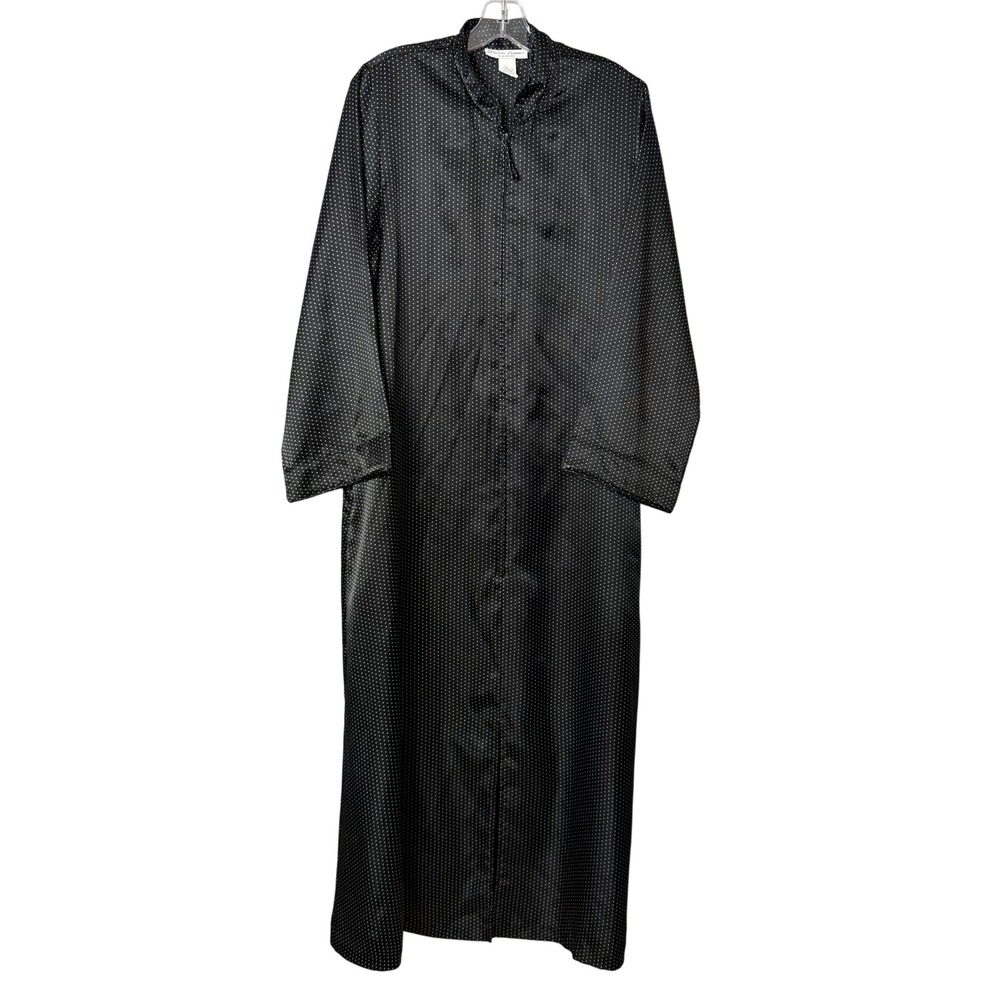 Natori Robe Womens Small Black Polka Dot Zip Satin Long Loungewear Luxury Duster